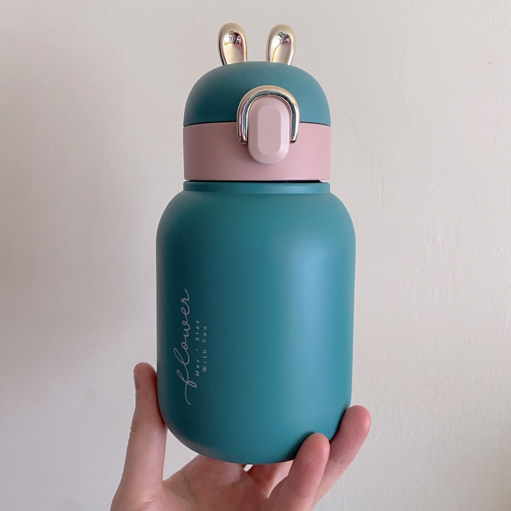 Kawaii Teal and Pink Small Metal Bottle with Bunny Ears